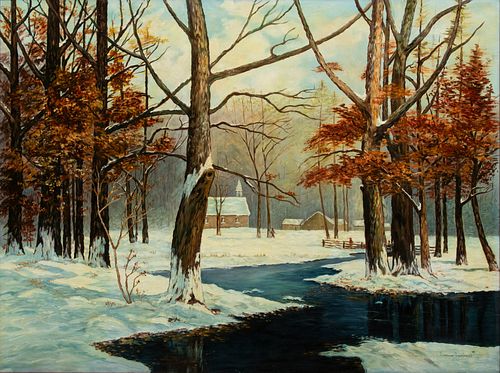 Florence Haviland Oil on Canvas, Winter River Landscape,  1950, H 24" W 32"