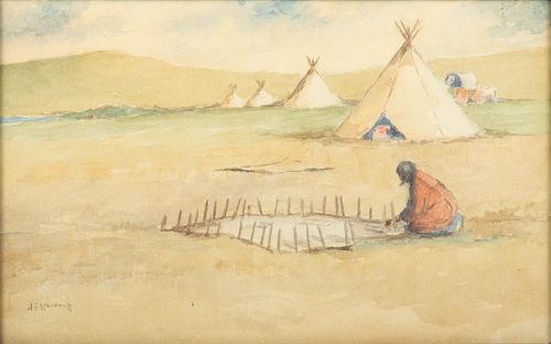 J.C. Woodruff (American) Watercolor on Paper, First Half 20th C., "Woman Scraping a Hide on the Plains", H 7.75" W 12"