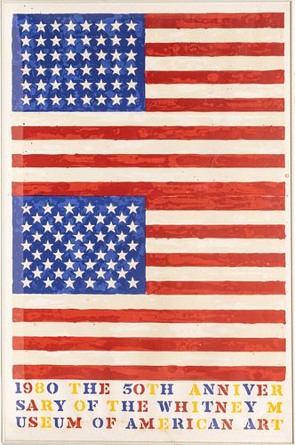 Jasper Johns (American, B. 1930) Offset Lithograph Poster, Ca. 1979, "Two Flags (Whitney Museum)", H 46" W 30"