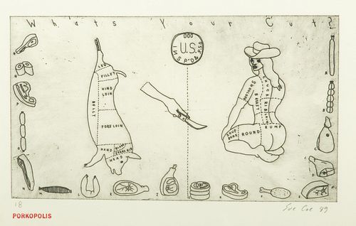 Sue Coe (English, B. 1951) Etching on Rives Paper, Ca. 1989, "What's Your Cut?", H 4.875" W 8.75"