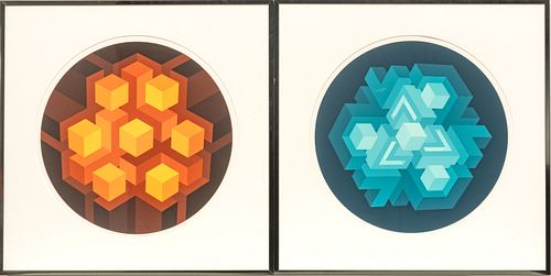 Brian Halsey (American, B. 1942) Serigraphs in Color on Wove Paper, "Conundrum; Embryon", Group of Two Dia. 17"