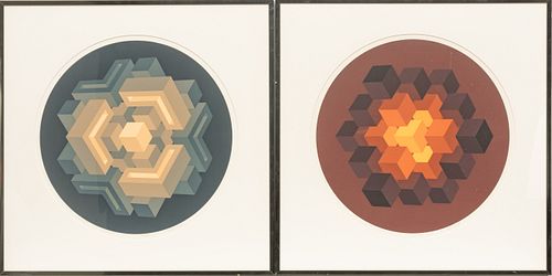 Brian Halsey (American, B. 1942) Serigraphs in Color on Wove Paper "Paragon; Moleculon", Group of Two Dia. 17"