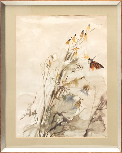 Richard Jerzy (American, 1943-2001) Watercolor on Paper, 1970, "Monarch Butterfly", H 24" W 18"