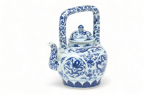Chinese Blue And White Porcelain Teapot, H 12" L 9"
