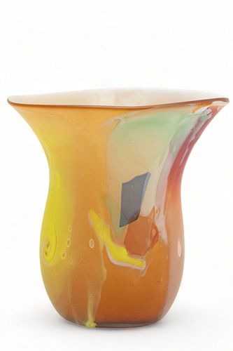 Brazil Blown Glass Vase, Blue Yellow, Amber Ca. C 1990, H 14" W 12.5"
