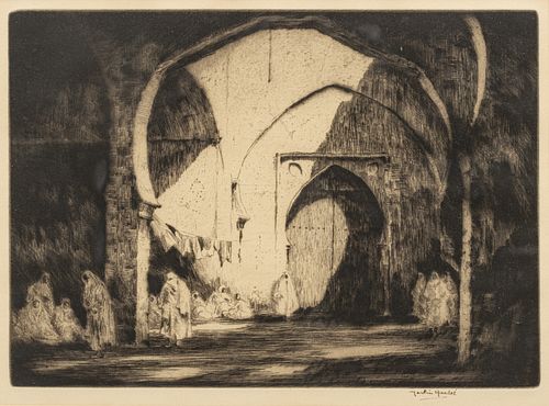 Martin Hardie (British, 1875-1952) Etching on Paper, "Interior of Mosque with Figures", H 7.5" W 10.2"