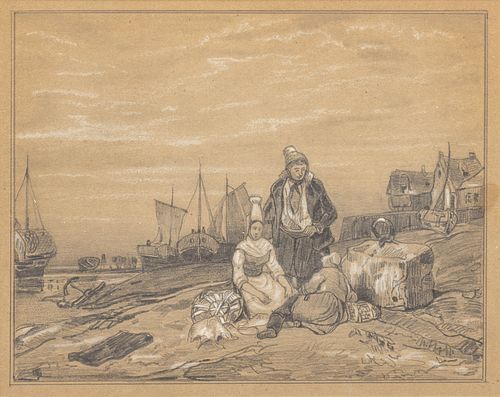 Dutch Graphite And Gouache on Paper Ca. 1880-1900, "The Days Catch", H 6" W 7.5"