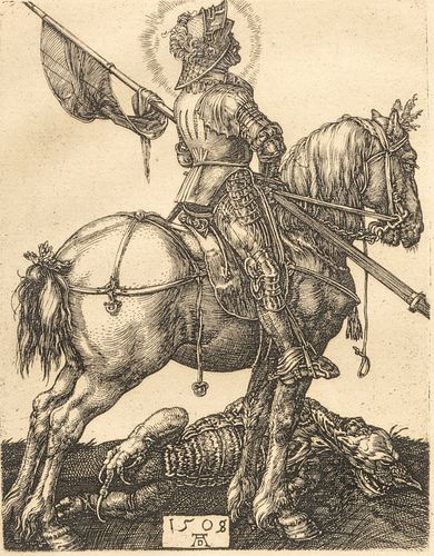 After Albrecht Durer (German, 1471-1528) Heliogravure on Laid Paper "Saint George on Horseback", H 5" W 3.75"
