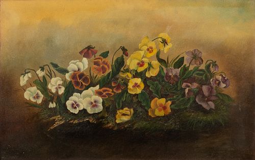 American Victorian Period Oil on Canvas Ca. 1880, "Pansies", H 14" W 22"
