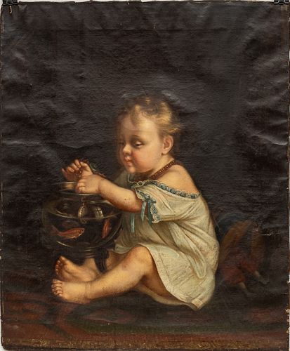 Oil on Canvas, Child with a Pocketwatch in Fishbowl, Ca. 1880, H 30" W 25"
