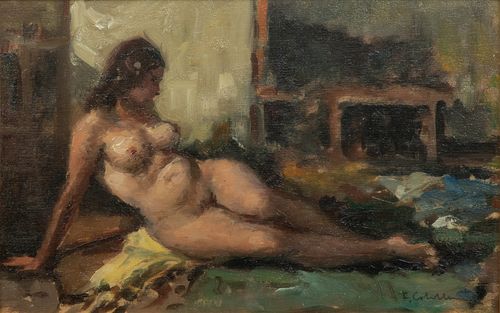 Illegibly Signed (European) Oil on Board Ca. 1920-1940, "Classical Nude", H 6.5" W 10.25"
