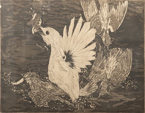 Woodcut on Paper, "Seagull Catching a Fish", H 10.75" W 13.75"