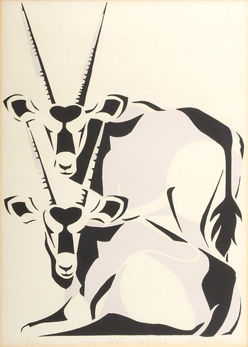 Rosalind Woodblock Print on Paper, "Two Onyx Gazelles", H 15" W 10"