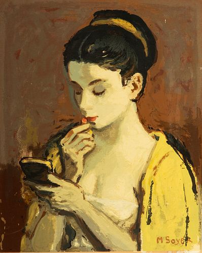Moses Sawyer (American, 1899-1974) Serigraph Ca. 1960, "Young Woman Applying Lipstick", H 15" W 11.75"