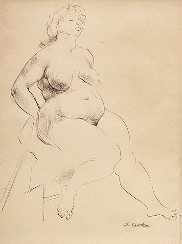 Stephen Csoka (American, 1897-1989) Ink Drawing on Paper "Seated Nude", H 10" W 7.5"