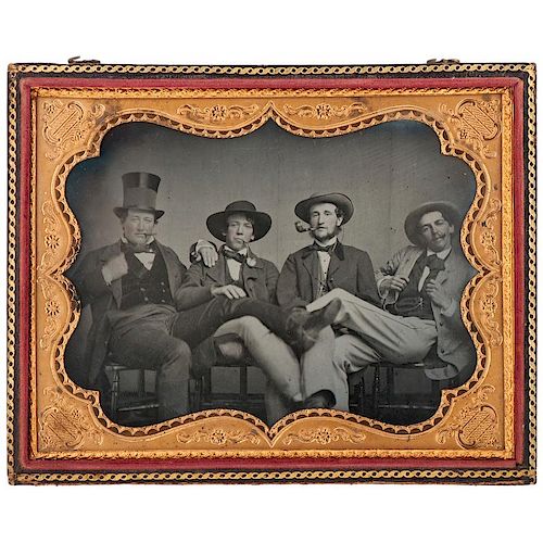 Fine Half Plate Ambrotype of Four Dapper Young Gents Lounging and Smoking