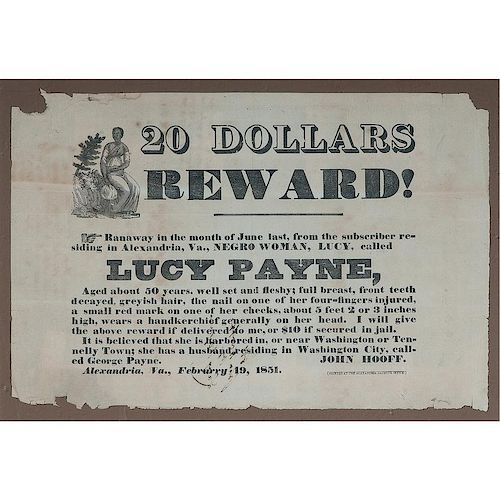 Female Runaway Slave, Illustrated Reward Broadside, Alexandria, Virginia, 1851