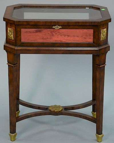 Maitland Smith mahogany inlaid curio cabinet rectangular side table having lift top showcase over square tapered legs and str