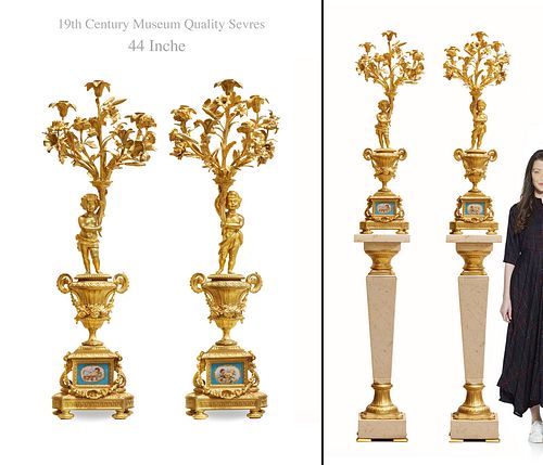 A Pair Of Large 19th C. Sevres Plaques Figural Bronze Candelabras