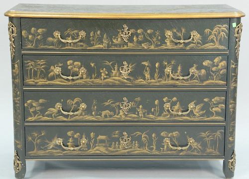 Baker black and tan chinoiserie paint decorated four drawer chest. ht. 36in., wd. 48in., dp. 18in.
