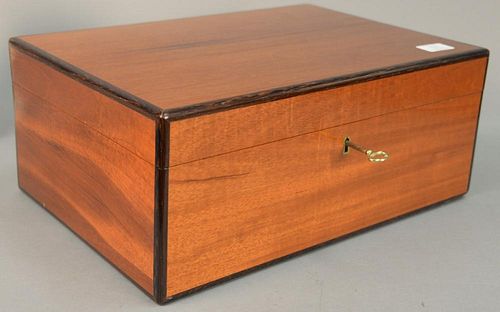 Large mahogany humidor with fitted shelf interior and rosewood inlaid corners. ht. 8in., lg. 18in., dp. 12in.