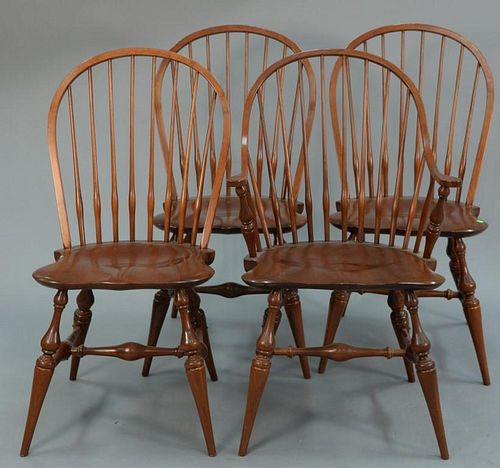 Set of four L& JG Stickley Windsor chairs, marked on bottom, two side chairs and two armchairs.