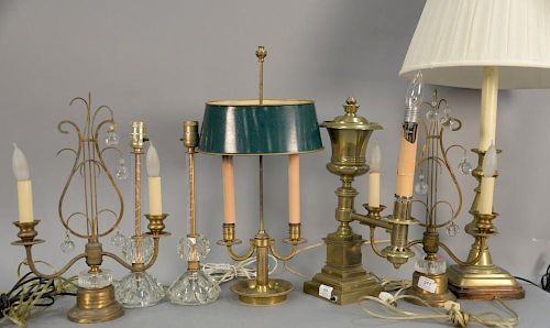 Seven table lamps to include French brass adjustable candlestick lamp with green tole shade, Victorian brass oil lamp, pair o
