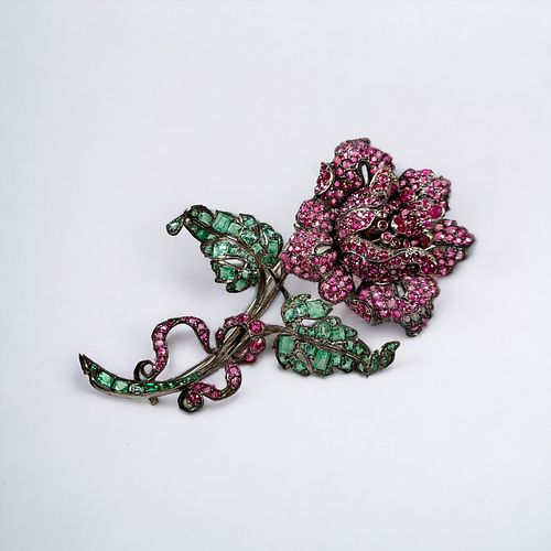  Emerald, Pink Sapphire, Silver Flower Brooch