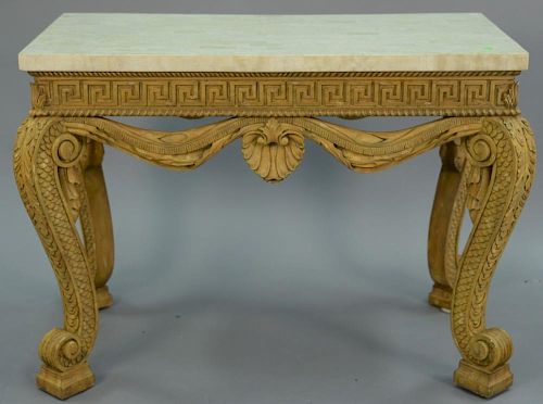 Maitland Smith center hall table having veneered marble top over skirt with carved Greek key design over cabriole legs with c