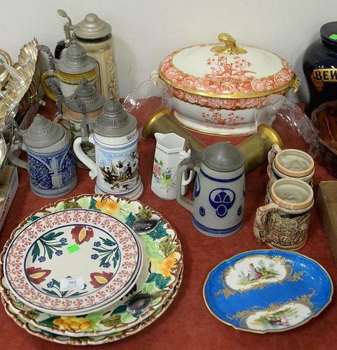 Group lot with Royal Crown Derby tureen, six steins including a lithophane stein, and several dishes.