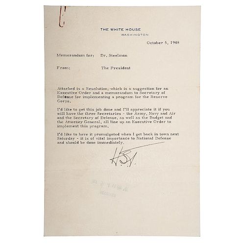 Harry Truman TLS as President, October 1948, Plus Draft