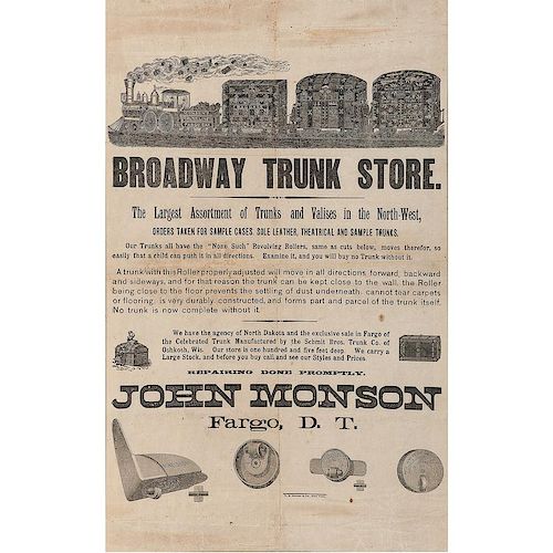 Fargo, Dakota Territory, Trunk Manufacturer John Monson, Rare Illustrated Broadside Promoting his Trunk Store