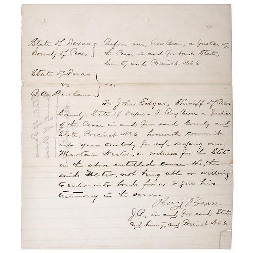 Judge Roy Bean, "The Law West of the Pecos," Signed Texas Law Document