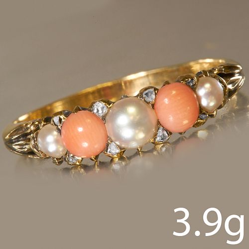 ANTIQUE VICTORIAN CORAL PEARL AND DIAMOND 5-STONE RING