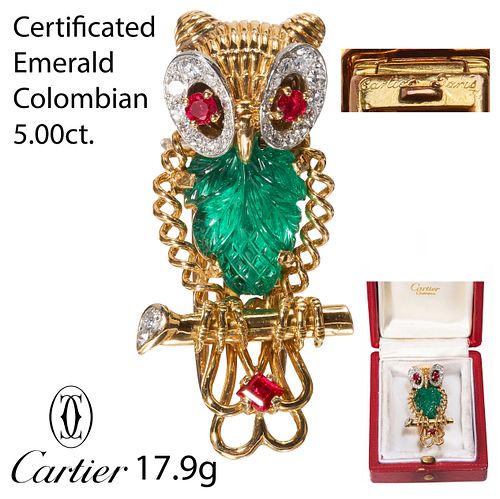 CARTIER, IMPORTANT CERTIFICATED COLOMBIAN EMERALD & DIAMOND OWL BROOCH