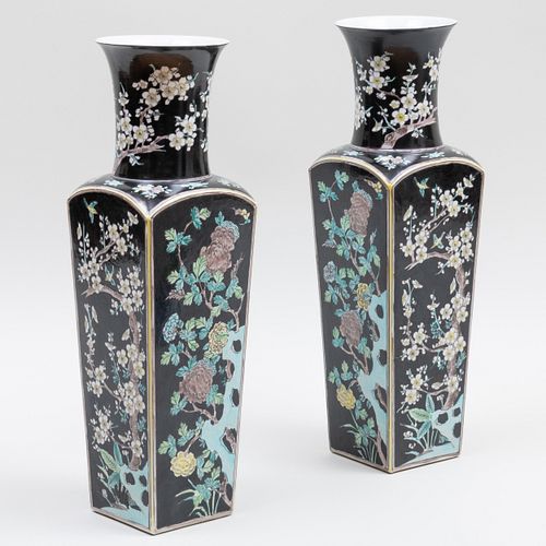 Pair of Chinese Famille Noire Porcelain Faceted Vases
