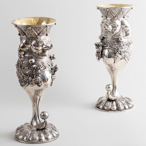 Mikhail Chemiakin (b. 1943): Pair of Silver 'Petrushka' Harlequin Goblets