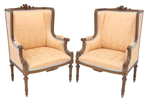 (2) LOUIS XVI STYLE SILK-UPHOLSTERED & CARVED BERGERES