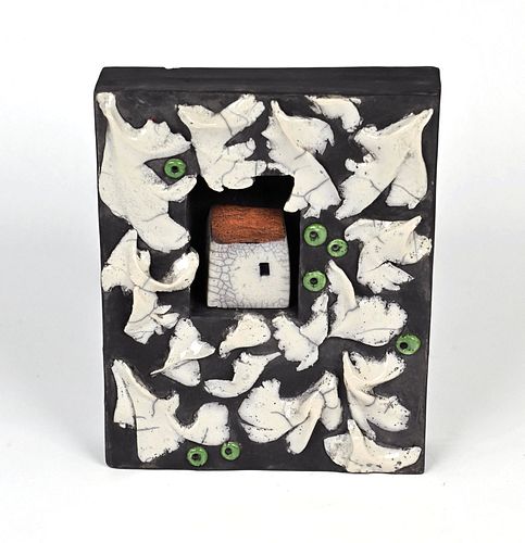UNTITLED RAKU BOX WITH WHITE LEAVES AND HOUSE by Carol Zic