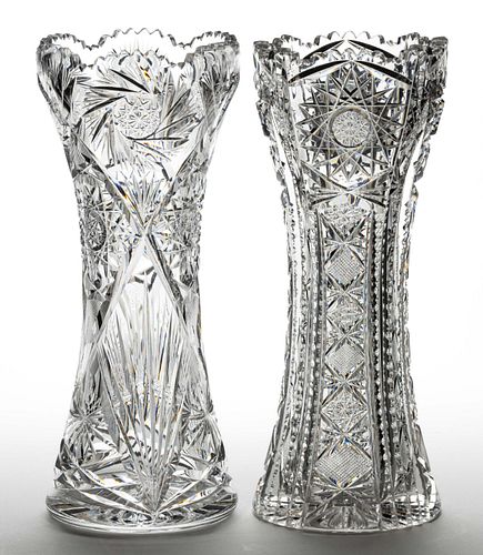 BRILLIANT CUT GLASS TALL VASES, LOT OF TWO