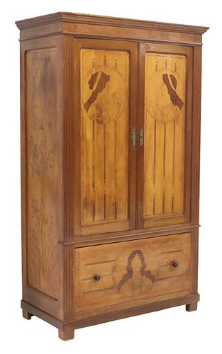 FRENCH ART NOUVEAU STYLE PYROGRAPHY-DECORATED ARMOIRE