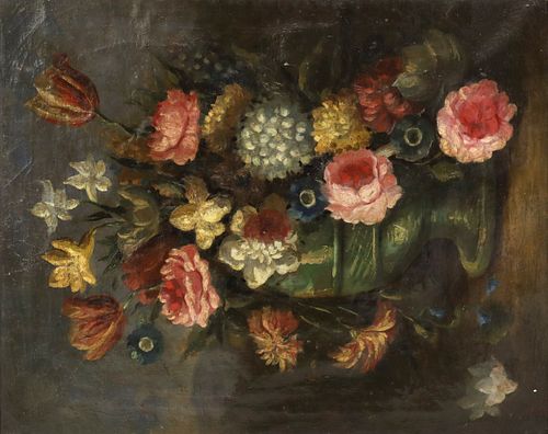 FRENCH SCHOOL OIL ON CANVAS PAINTING STILL LIFE WITH FLOWERS