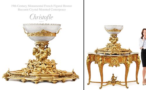 A Monumental 19th C. Christofle Figural Bronze & Baccarat Crystal Centerpiece