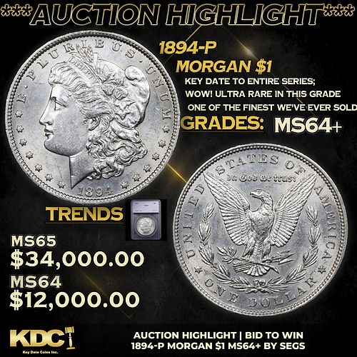 ***Auction Highlight*** 1894-p Morgan Dollar 1 Graded ms64+ BY SEGS (fc)
