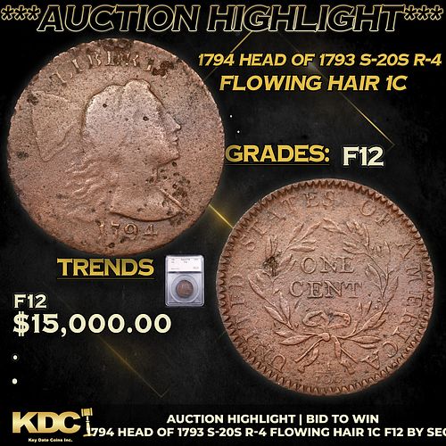 ***Auction Highlight*** 1794 Head of 1793 S-20s R-4 Flowing Hair large cent 1c Graded f12 By SEGS (fc)