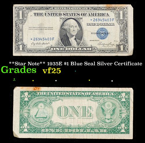 **Star Note** 1935E $1 Blue Seal Silver Certificate Grades vf+