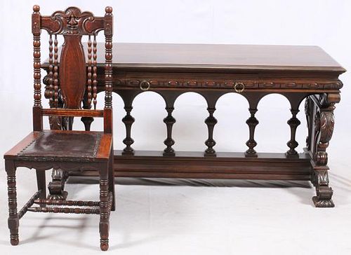 GOTHIC STYLE OAK LIBRARY TABLE AND CHAIR C1900