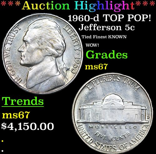 ***Auction Highlight*** 1960-d Jefferson Nickel TOP POP! 5c Graded ms67 BY SEGS (fc)