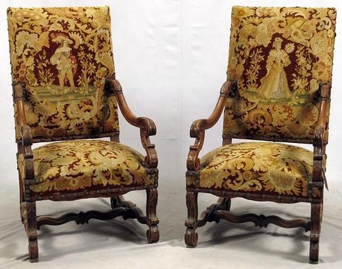 FRENCH HIGH BACK WALNUT ARM CHAIRS C1860 PAIR