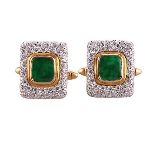 18k Two Tone Gold Diamond Jade Cufflinks 